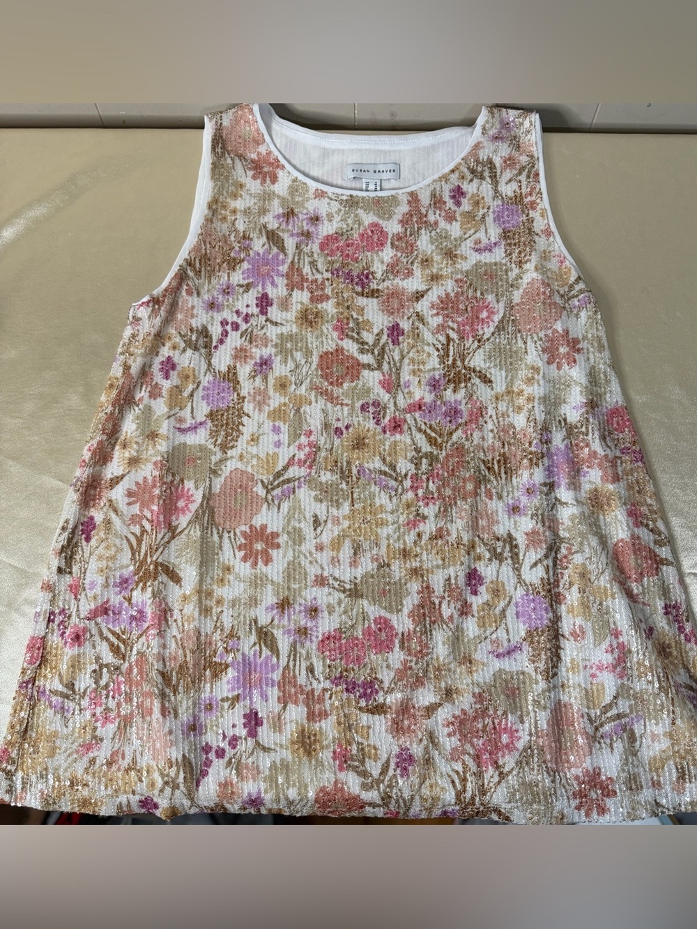 Susan Graver Printed Sequin Knit Lined Scoop-Neck Sleeveless Top small A690687